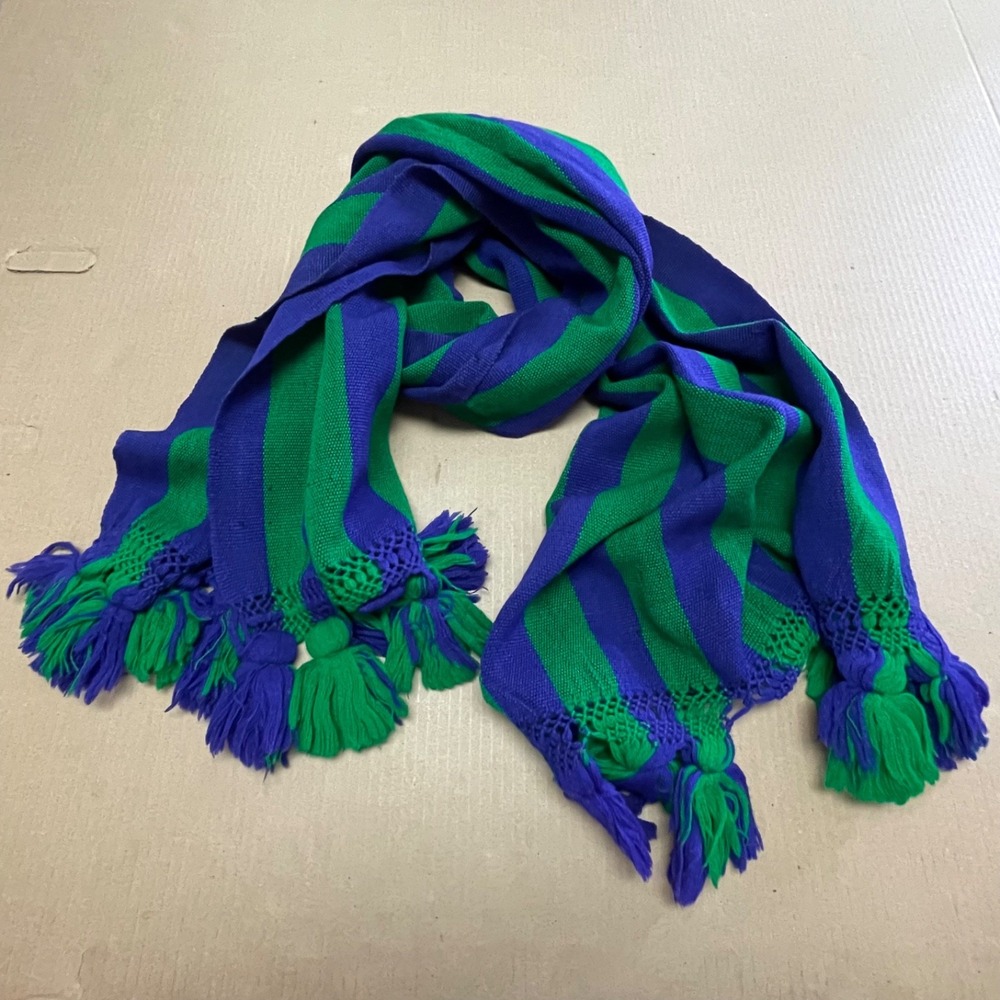Vintage Handmade Purple Green Striped Knit Oversized Tassel Scarf Shawl (27x80)